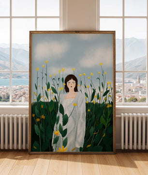 Femme en manteau blanc parmi les fleurs jaunes