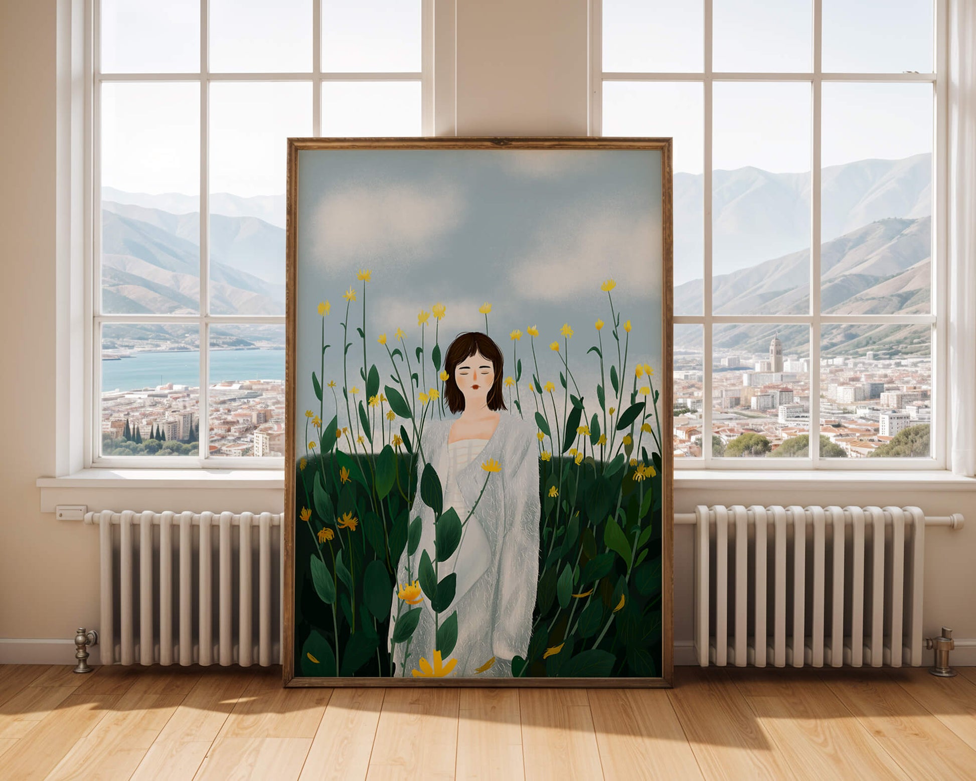 Mujer con abrigo blanco entre flores amarillas