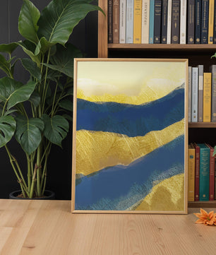 Paisaje abstracto con capas texturizadas en azul y amarillo