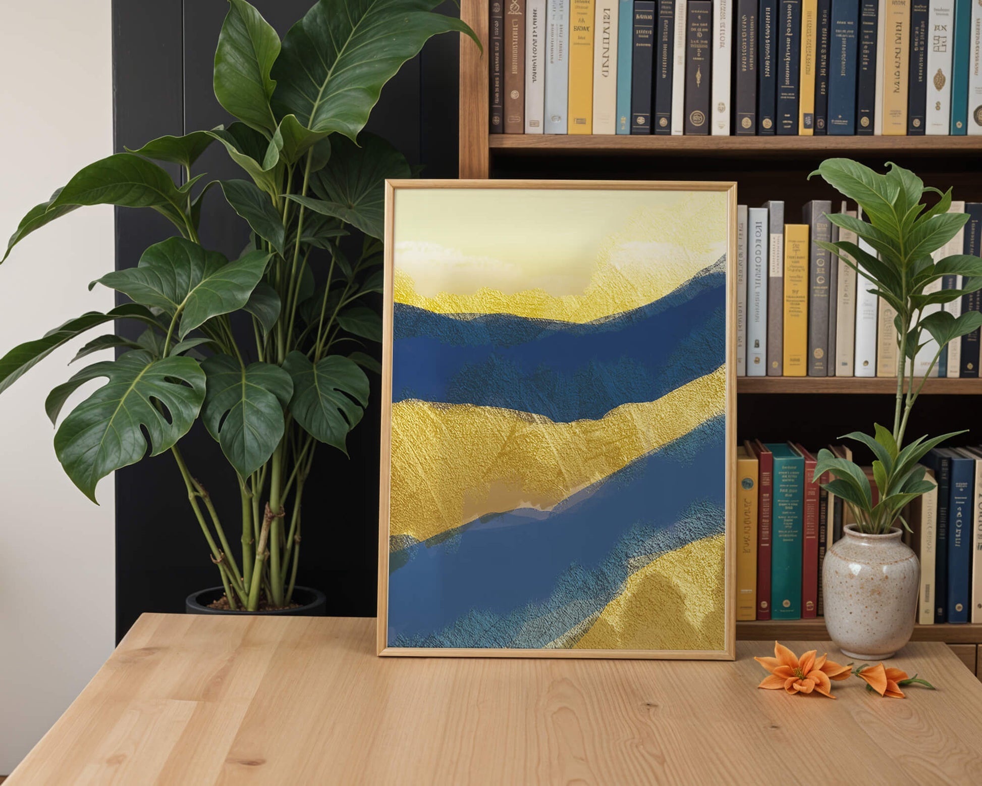 Abstract landscape with blue and yellow textured layers