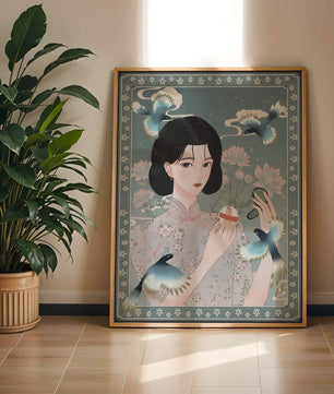 Mujer elegante en kimono floral rodeada de pájaros y flores de loto