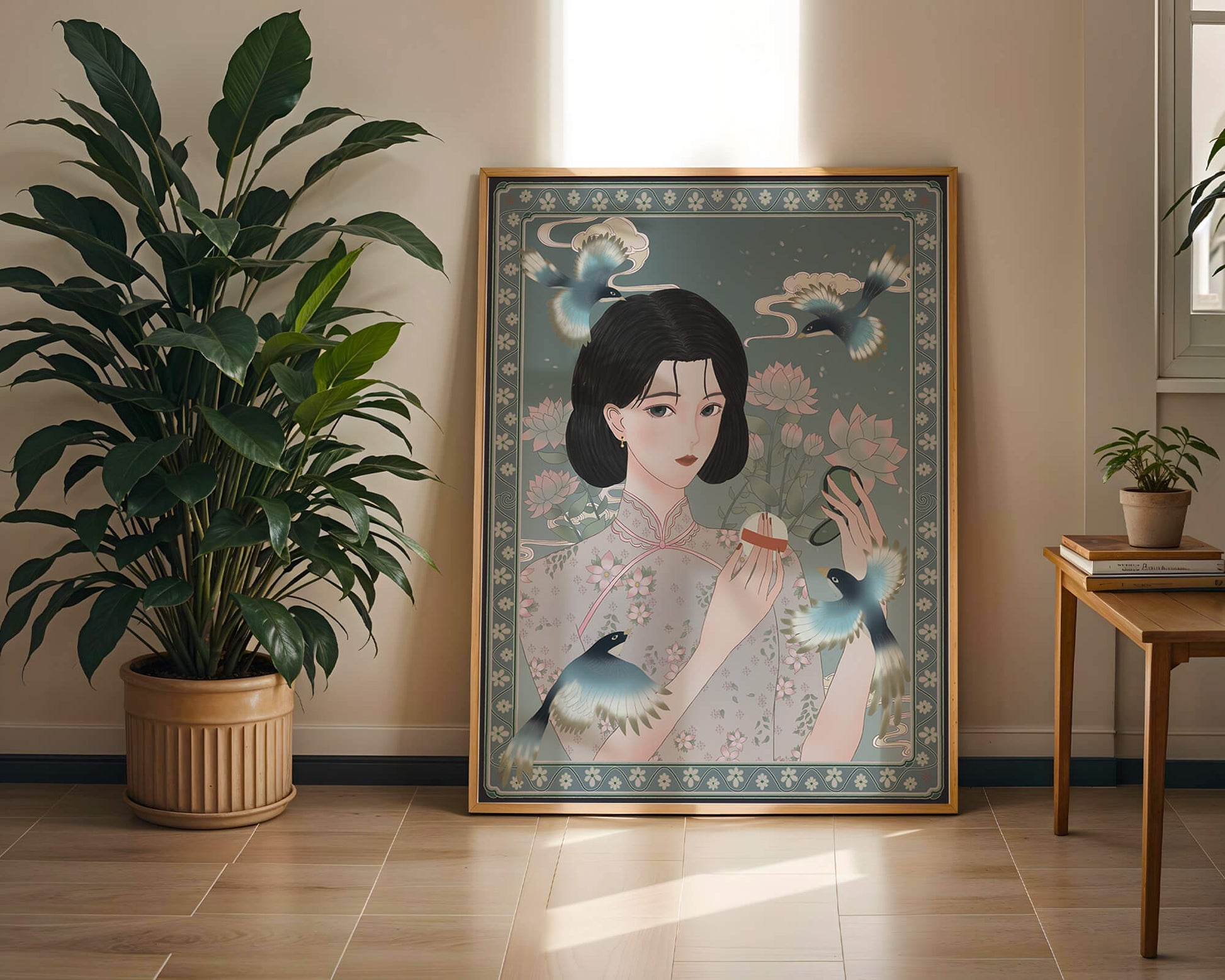 Elegant woman in floral kimono surrounded by birds and lotus flowers