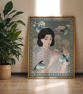 Elegant woman in floral kimono surrounded by birds and lotus flowers