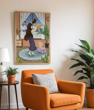 Mother and child bonding in a vibrant living room