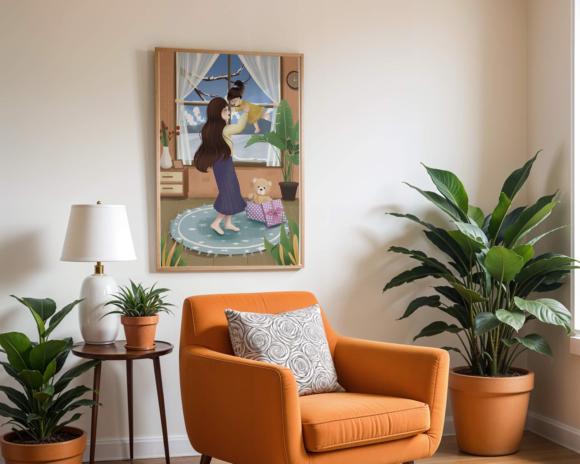 Mother and child bonding in a vibrant living room