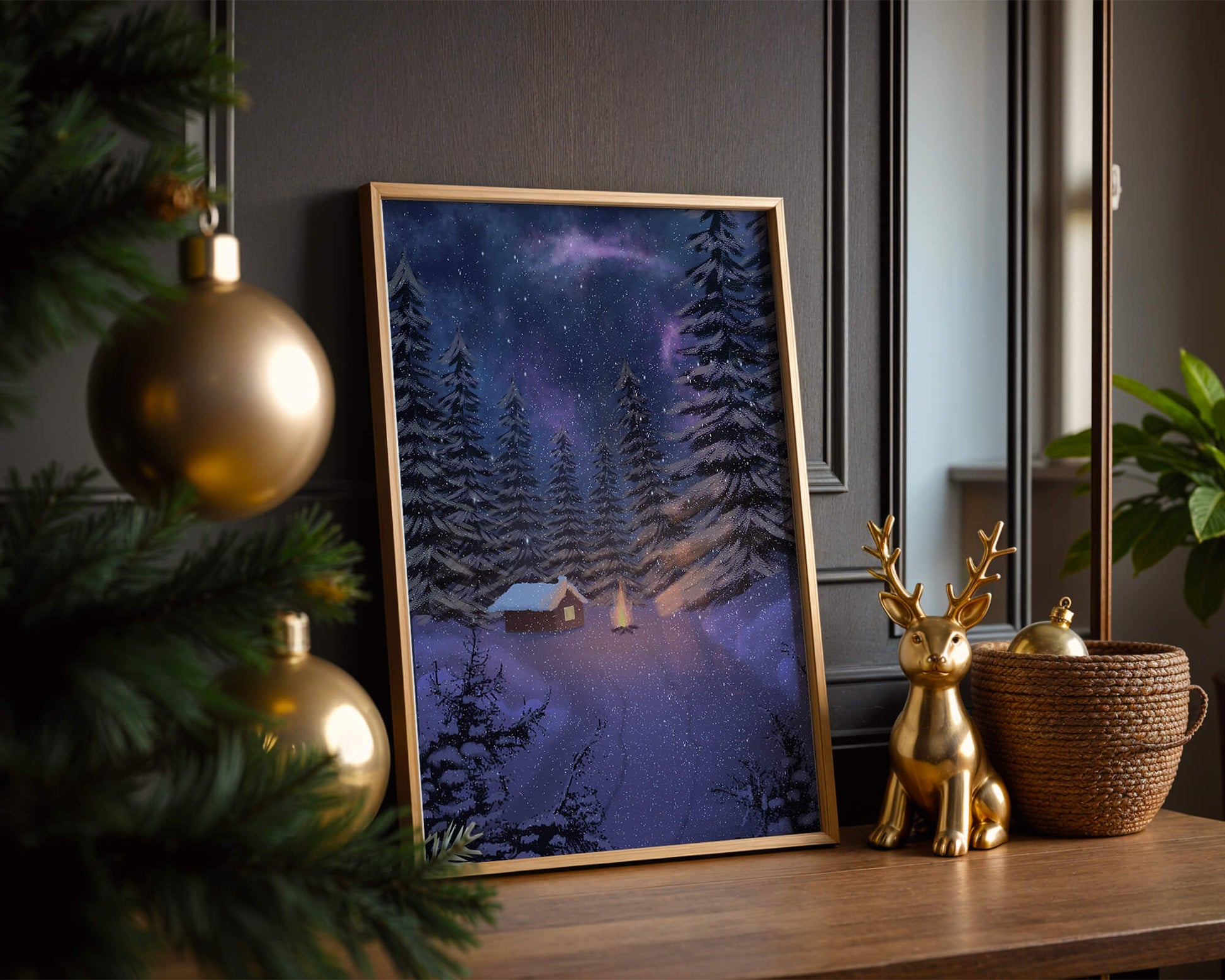 Winter night landscape with snowy cabin and pine forest