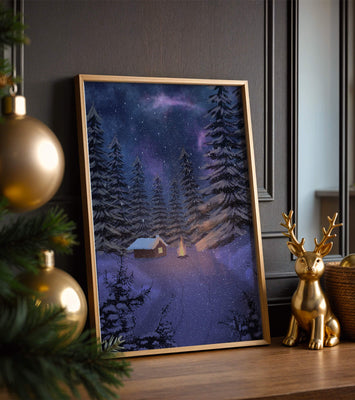 Winter night landscape with snowy cabin and pine forest
