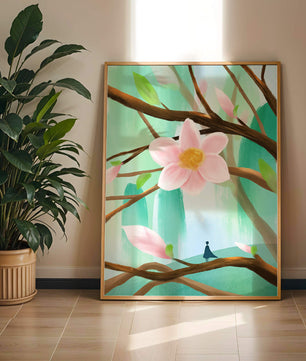 Obra floral serena con una gran flor rosa en las ramas de un árbol