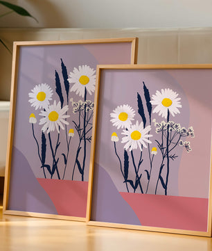 Illustrative floral artwork with daisies and abstract background