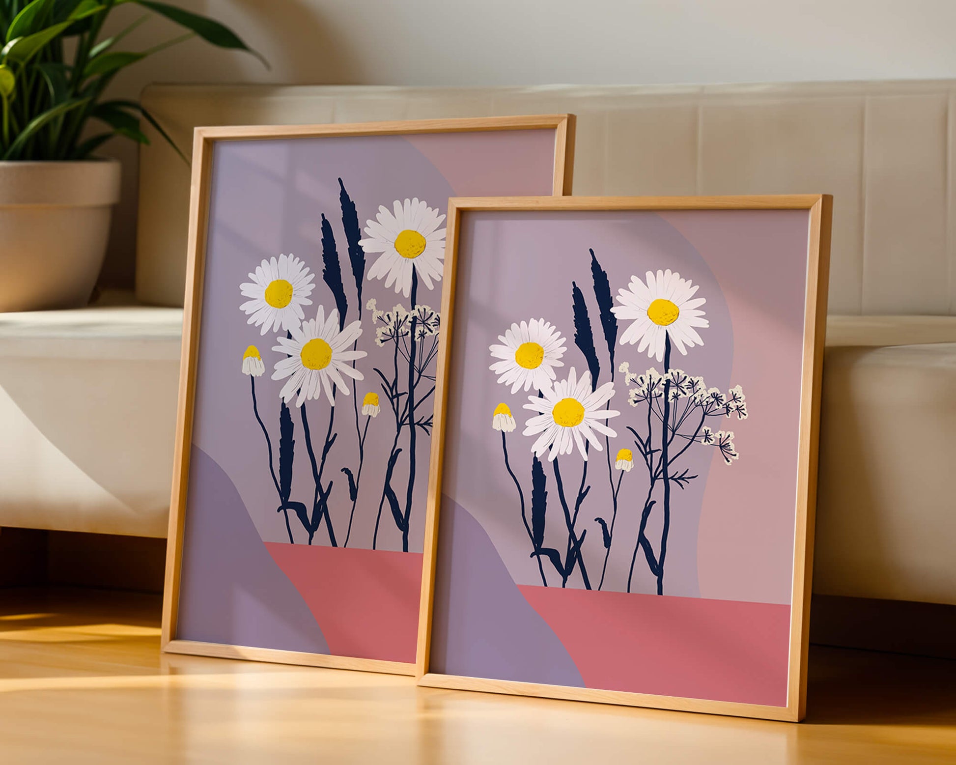 Illustrative floral artwork with daisies and abstract background