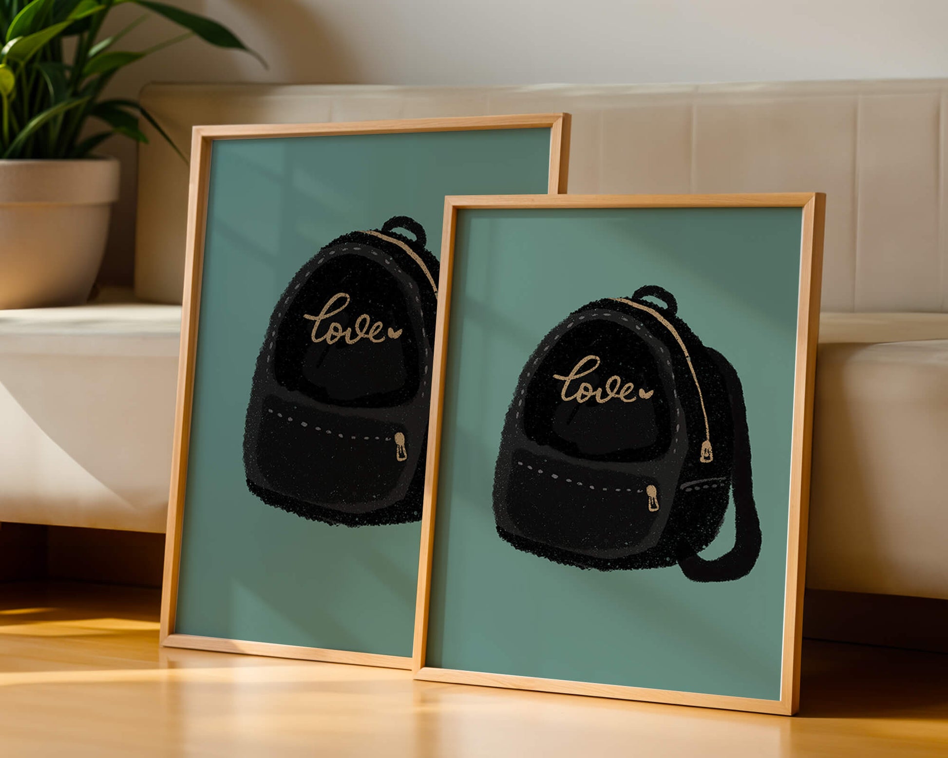 Elegant black backpack with gold accents and love inscription
