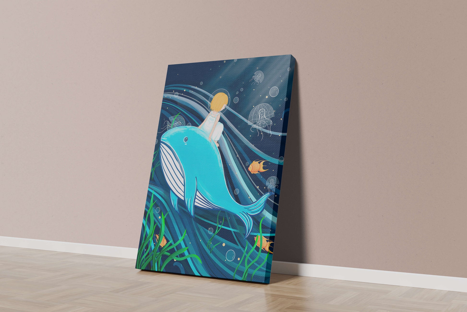 Whimsisches Unterwasserszenario mit Kind und Blauwal