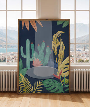 Ilustración botánica colorida con cactus y hojas tropicales