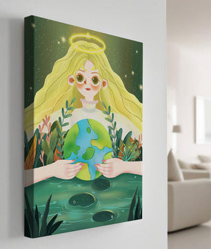 Illustration de la nature paisible avec une figure céleste tenant la Terre