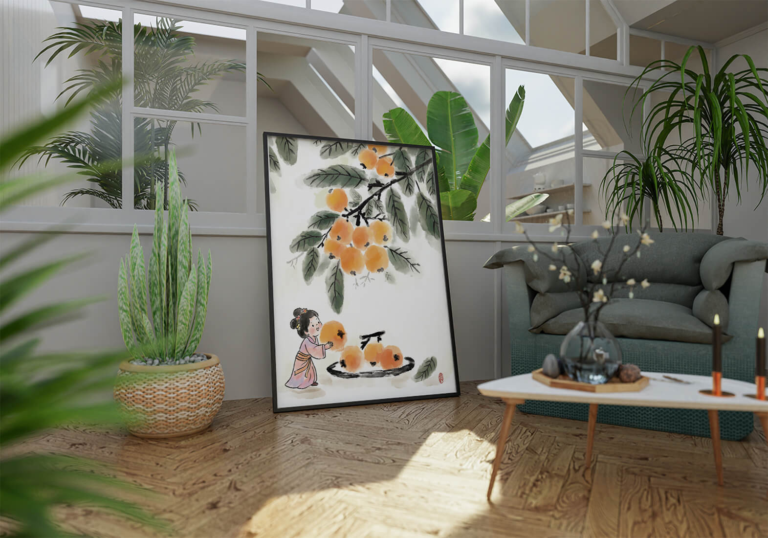 Arte japonés con una niña recogiendo caquis bajo un árbol