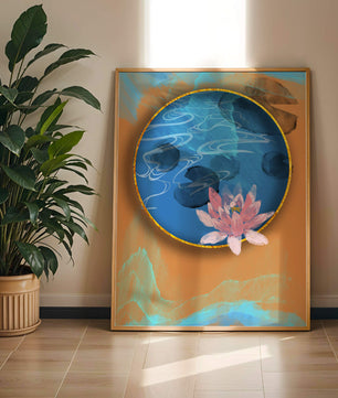 Abstrakte Seerosenkunst mit goldenen Akzenten auf blauem und orangefarbenem Hintergrund
