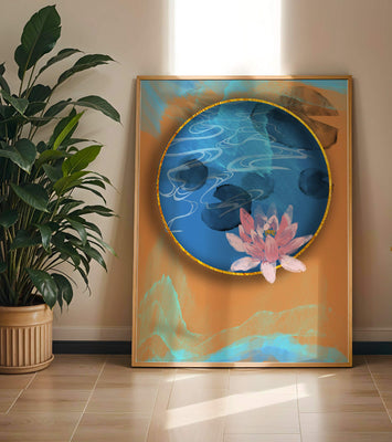 Abstract water lily art with gold accents on blue and orange background