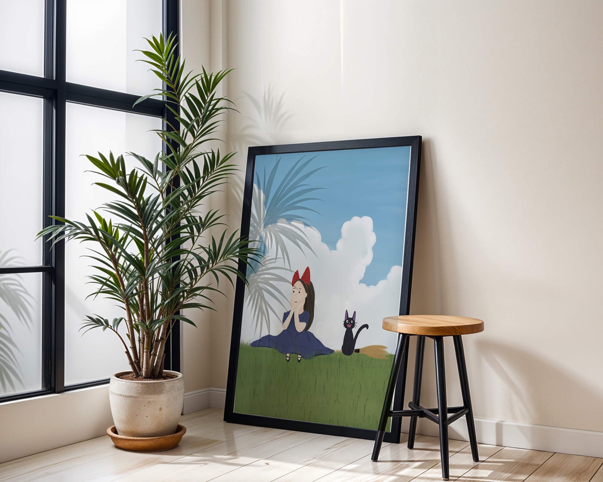 Girl with Red Bow and Cat in Lush Green Meadow