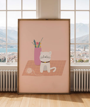 Illustration of a cute white cat with a pink vase and yarn ball on a pastel background