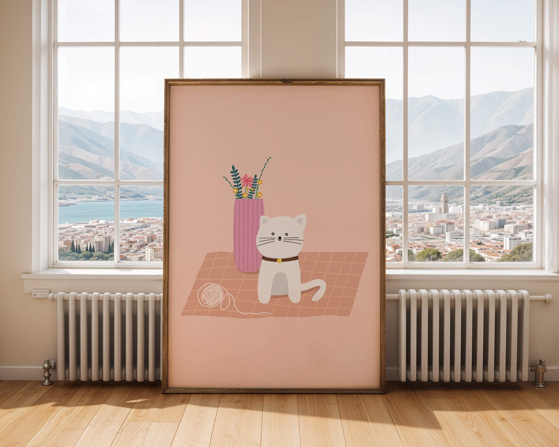 Illustration of a cute white cat with a pink vase and yarn ball on a pastel background