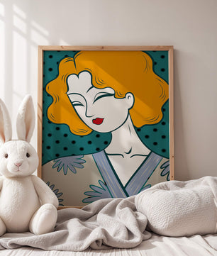 Retrato estilizado de una mujer con cabello naranja y kimono floral