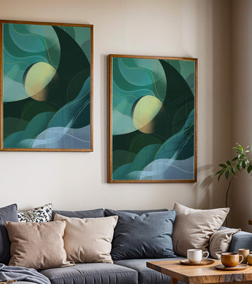 Abstract green and blue fluid shapes with gradient effect