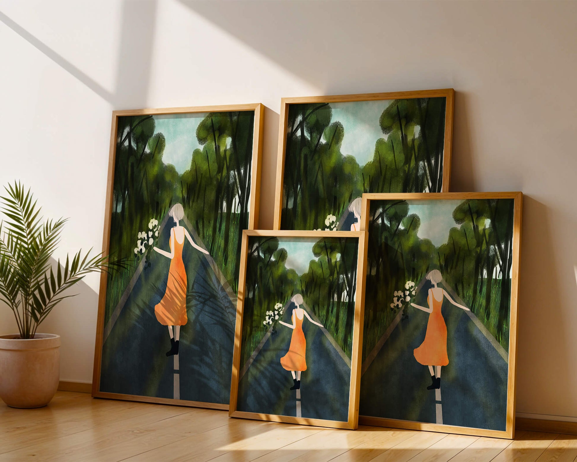 Mujer con vestido naranja caminando por una carretera con flores en el bosque