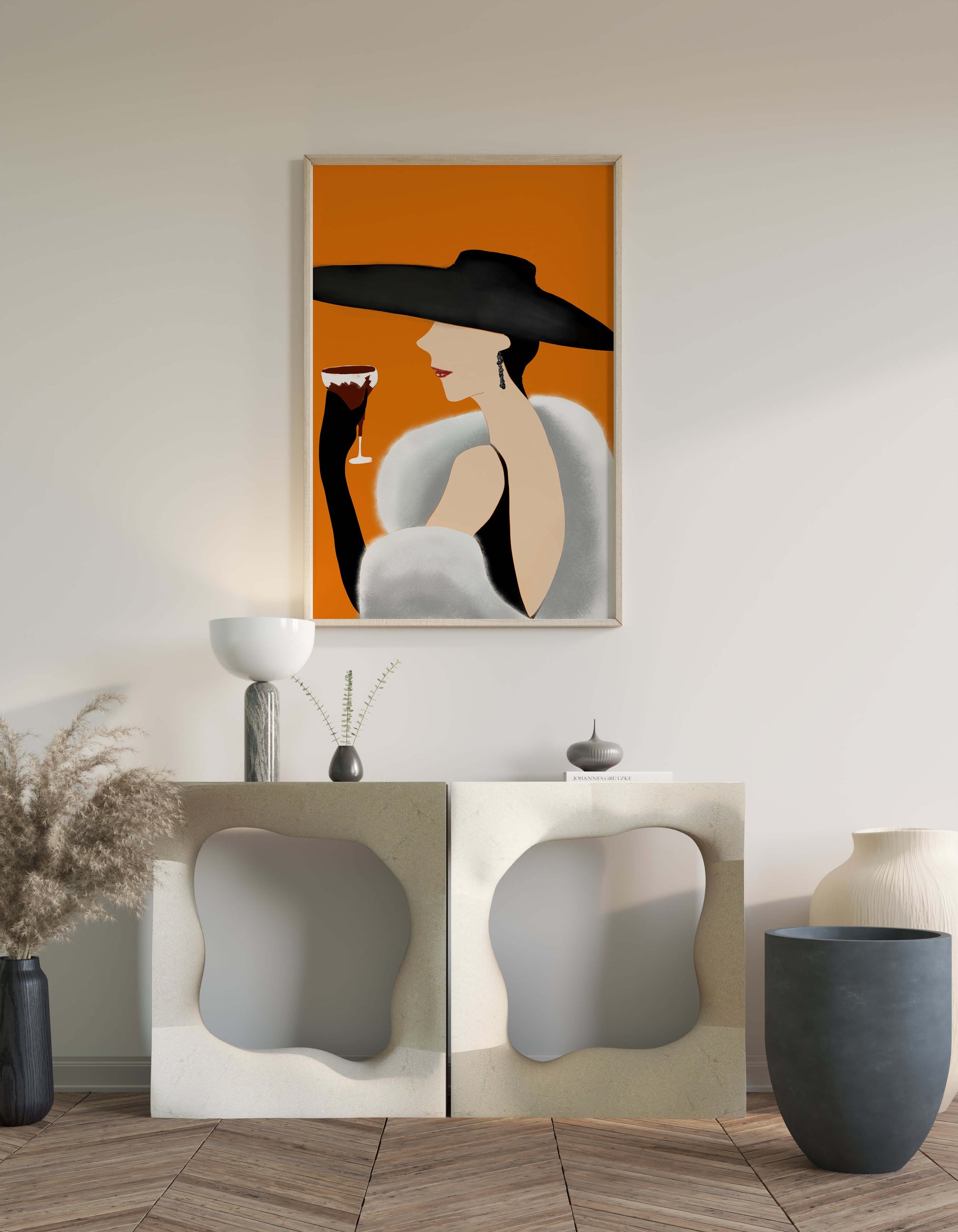 Elegant Woman in Black Hat and White Fur with Wine Glass