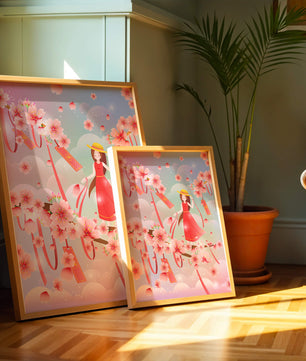Scène printanière sereine avec des cerisiers en fleurs et une fille portant un chapeau