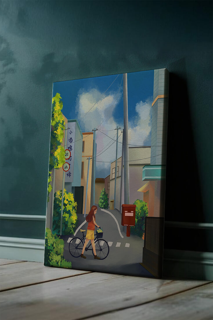 Young woman with bicycle in a quiet urban street
