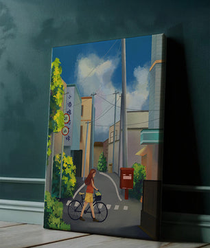 Young woman with bicycle in a quiet urban street