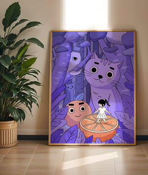Whimsical forest scene with playful cartoon characters