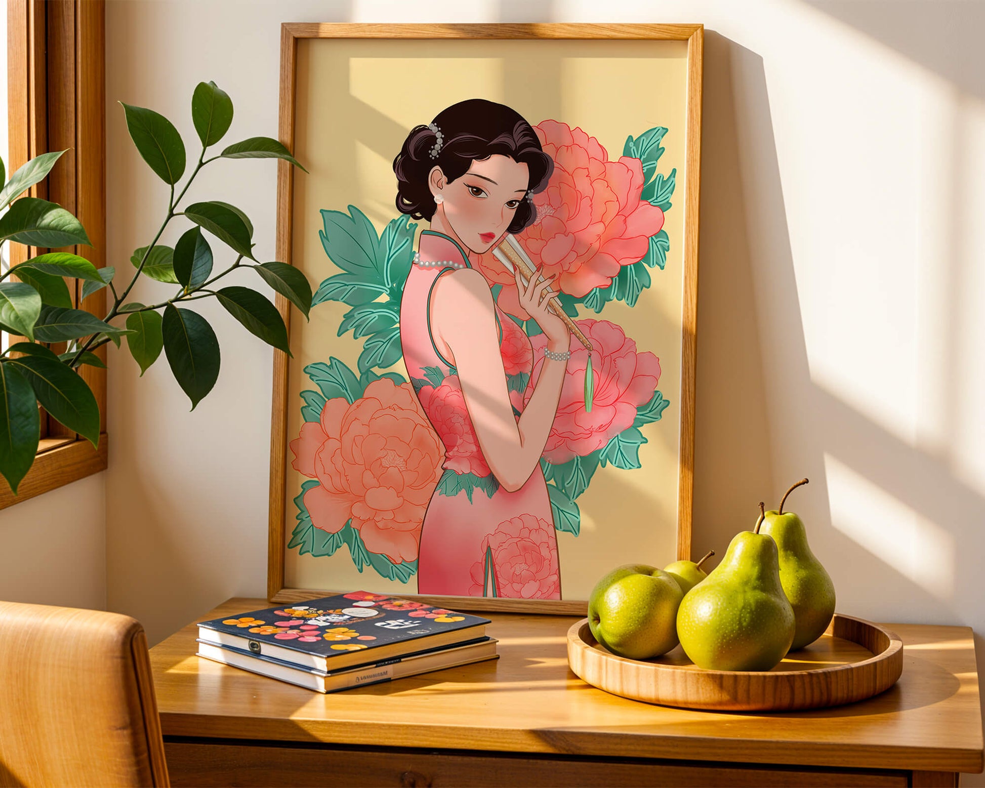 Elegant woman in traditional dress with floral background