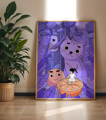 Whimsical forest scene with playful cartoon characters