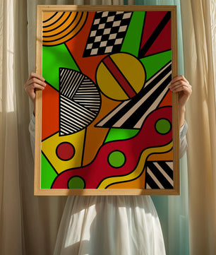 Vibrant geometric abstract artwork with bold colors and shapes