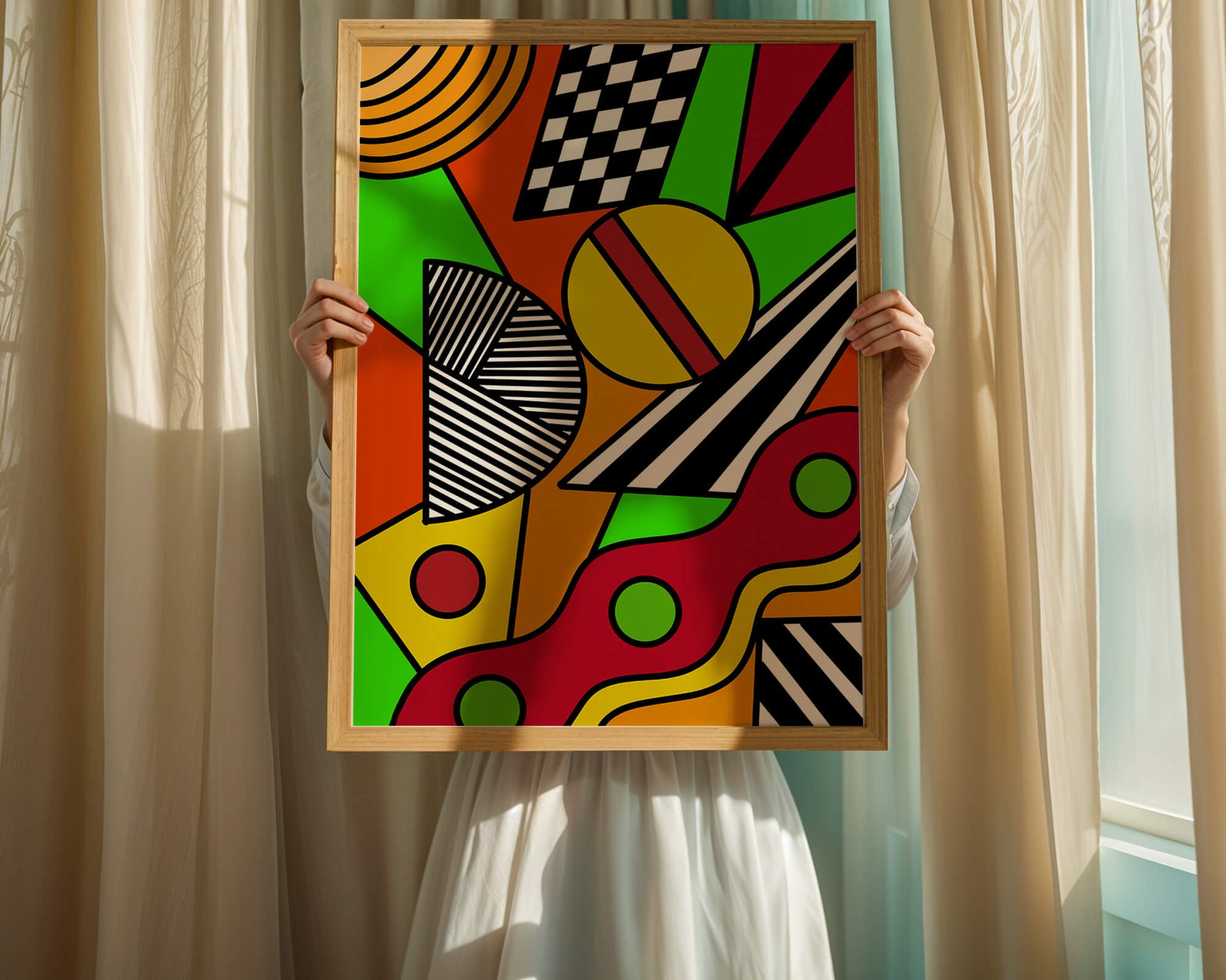 Vibrant geometric abstract artwork with bold colors and shapes