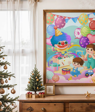 Colorful clown-themed children's party with balloons and toys