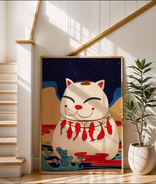 Japanese Lucky Cat with Fish Design in a Surreal Landscape
