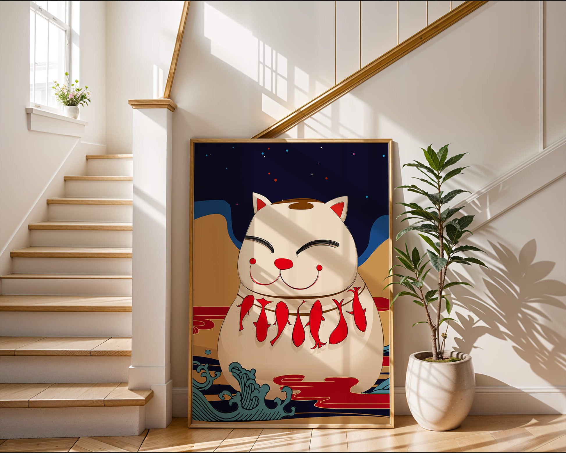 Japanese Lucky Cat with Fish Design in a Surreal Landscape