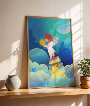 Enchanting angel collecting stars in a dreamy night sky