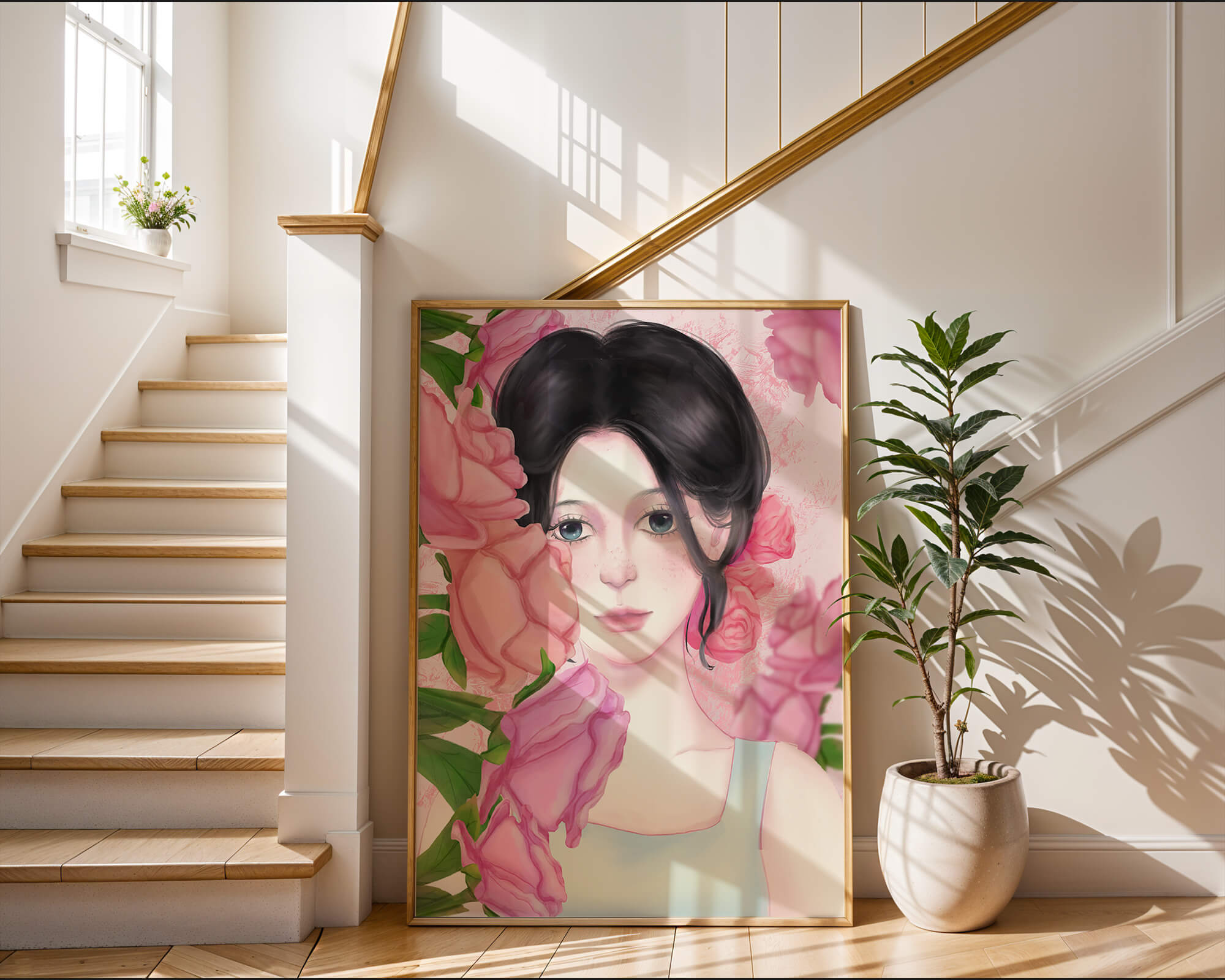 Illustration of a woman surrounded by pink roses