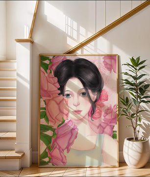 Illustration d'une femme entourée de roses roses