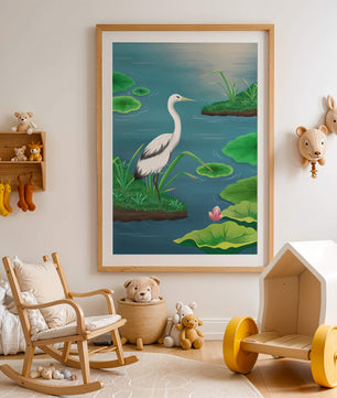 Serene wetland scene with white crane and water lilies