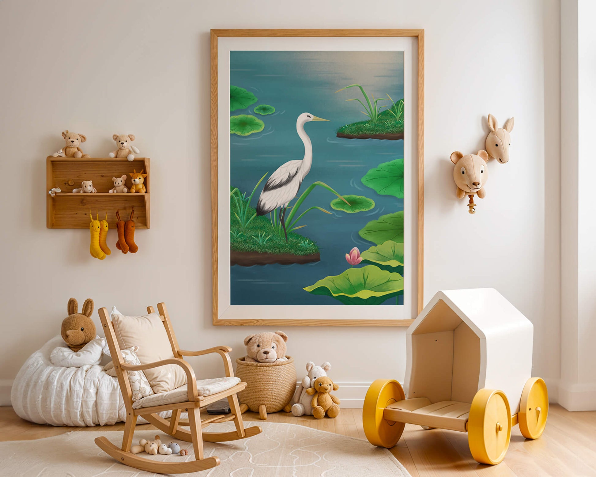 Serene wetland scene with white crane and water lilies