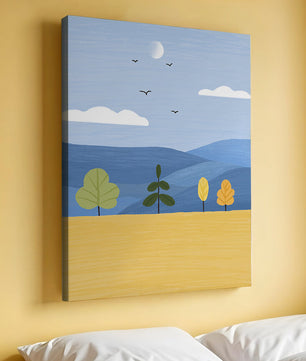 Colorful Landscape with Trees and Birds in a Serene Field