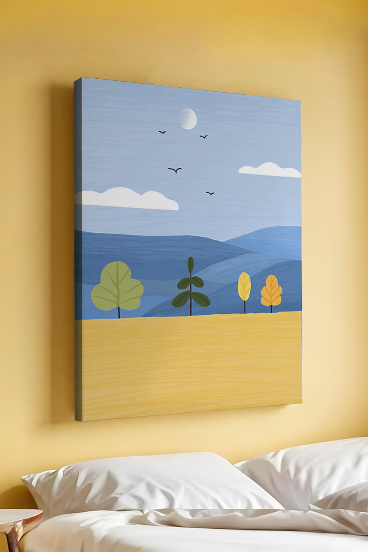 Paisaje colorido con árboles y aves en un campo sereno