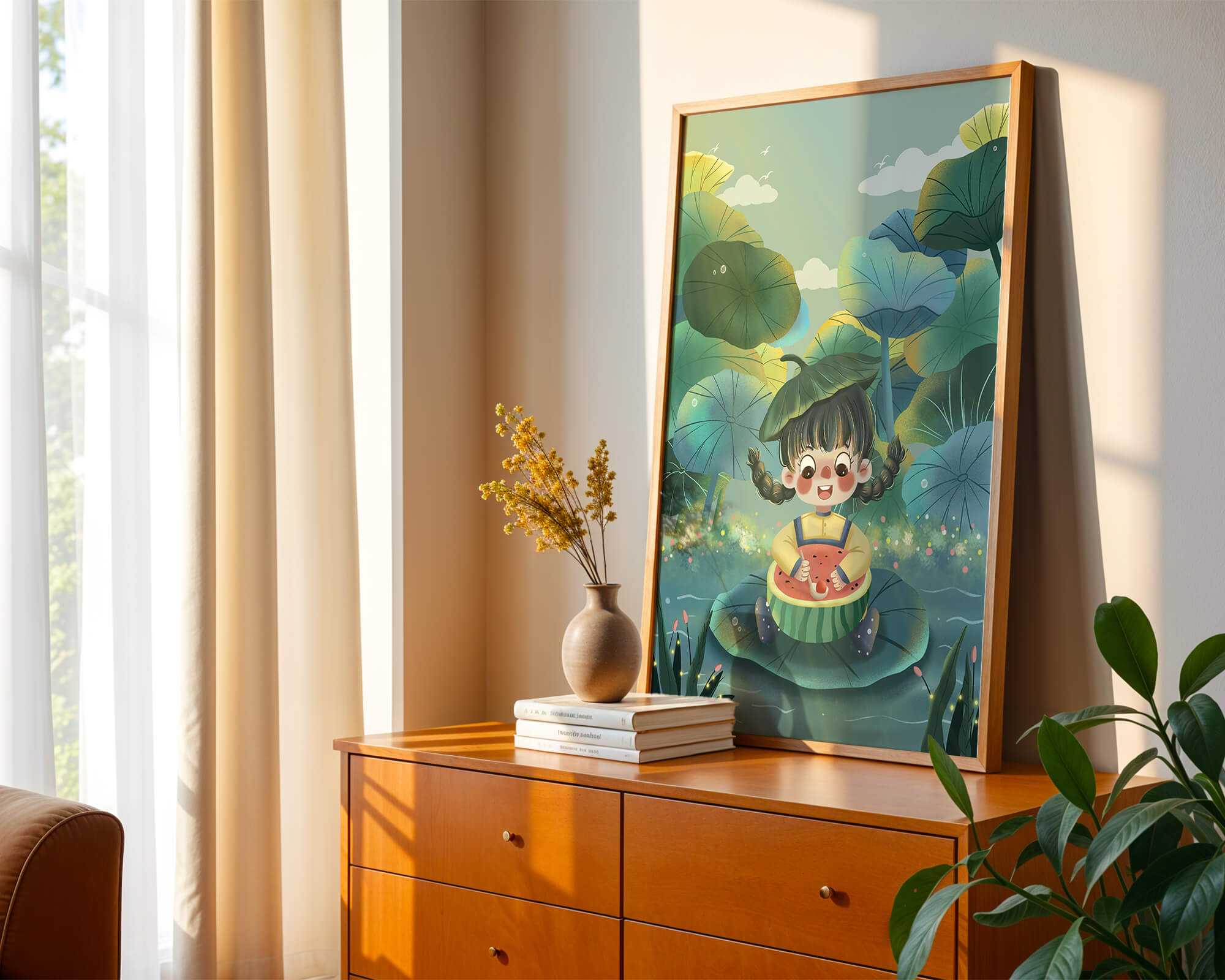 Charming illustration of a child enjoying watermelon amidst whimsical nature