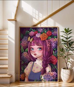 Illustration of a girl with floral crown surrounded by vibrant flowers
