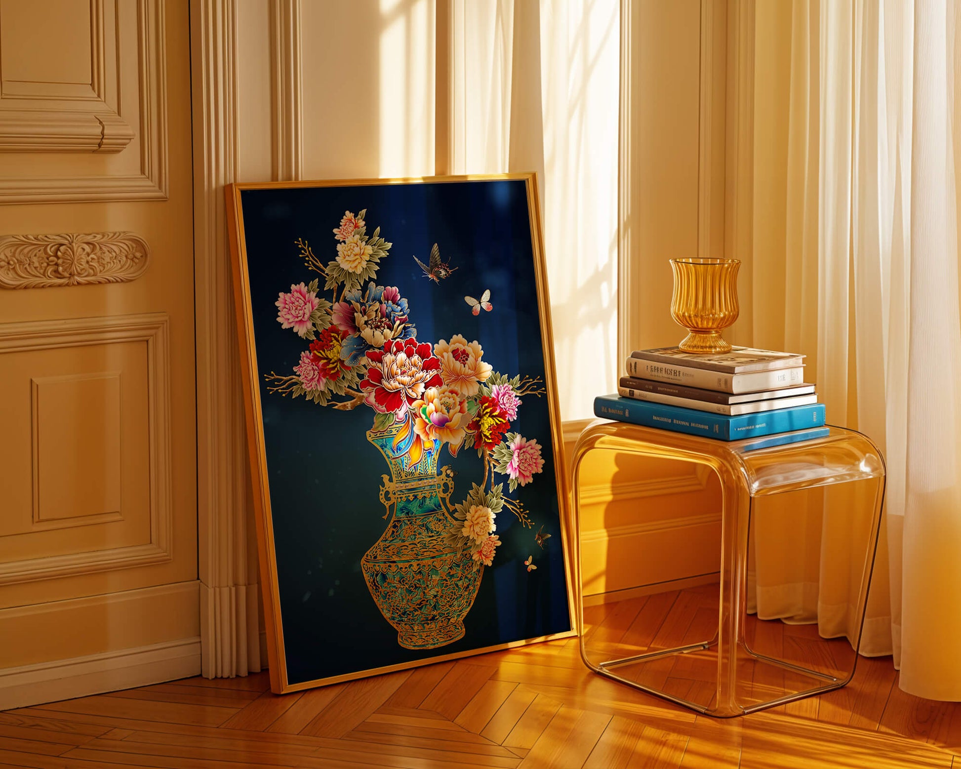 Elegant floral arrangement in ornate gold-accented vase with butterflies