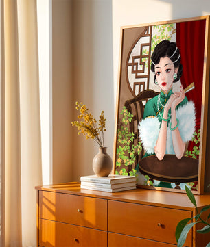 Elegant Woman in Traditional Asian Attire with Floral Background